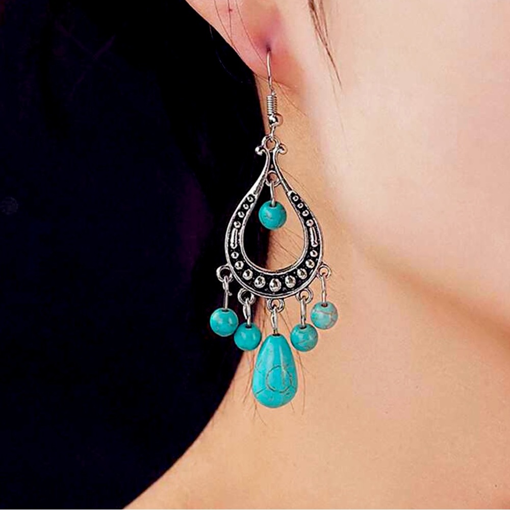 BOGO Turquoise Silvertone Chandelier Earrings Dangling Large Eastern Western